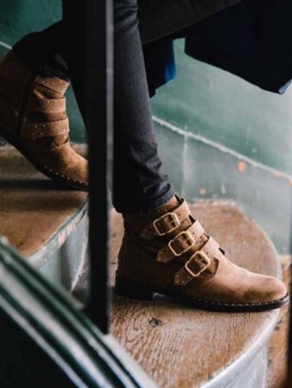 Minelli Italy Studded Leather Suede Ankle Boots With Buckle Dark Taupe Size 39 - Picture 2 of 11